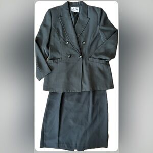 Le Suit Petite Green Double Breasted Vintage Skirt Suit Set